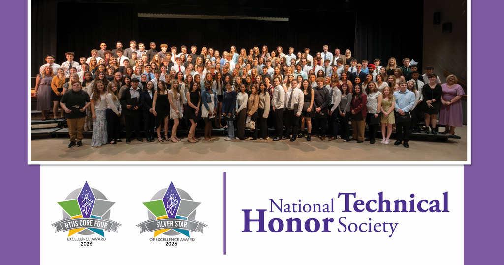 BCTC National Technical Honor Society students pose for a large group photo above the 2026 NTHS Core Four Excellence Award, 2026 Silver Star of Excellence Award, and National Technical Honor Society logos.