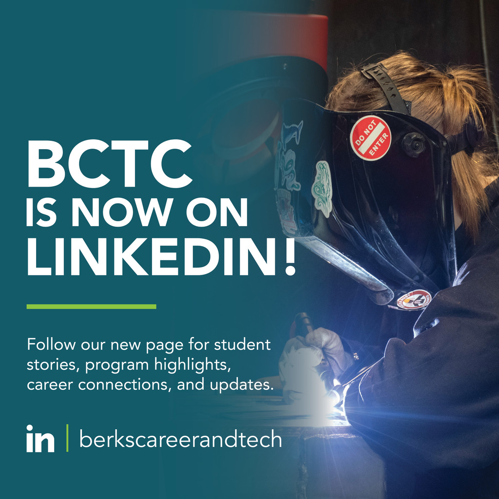 An advertisement shows a woman wearing a welding mask while welding. Text reads "BCTC IS NOW ON LINKEDIN!"