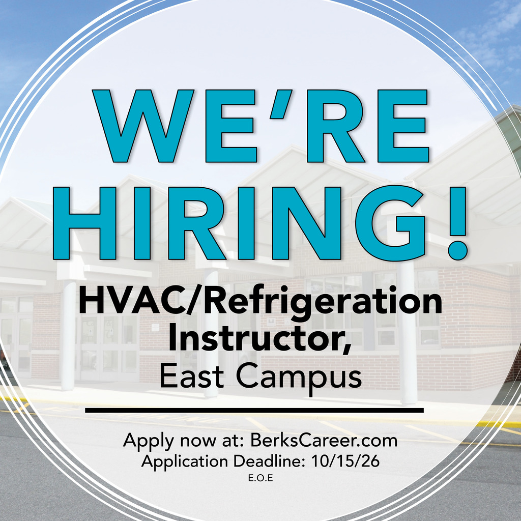 A hiring poster for an HVAC/Refrigeration Instructor at East Campus, with a blurred building background. Application deadline is 10/15/26.