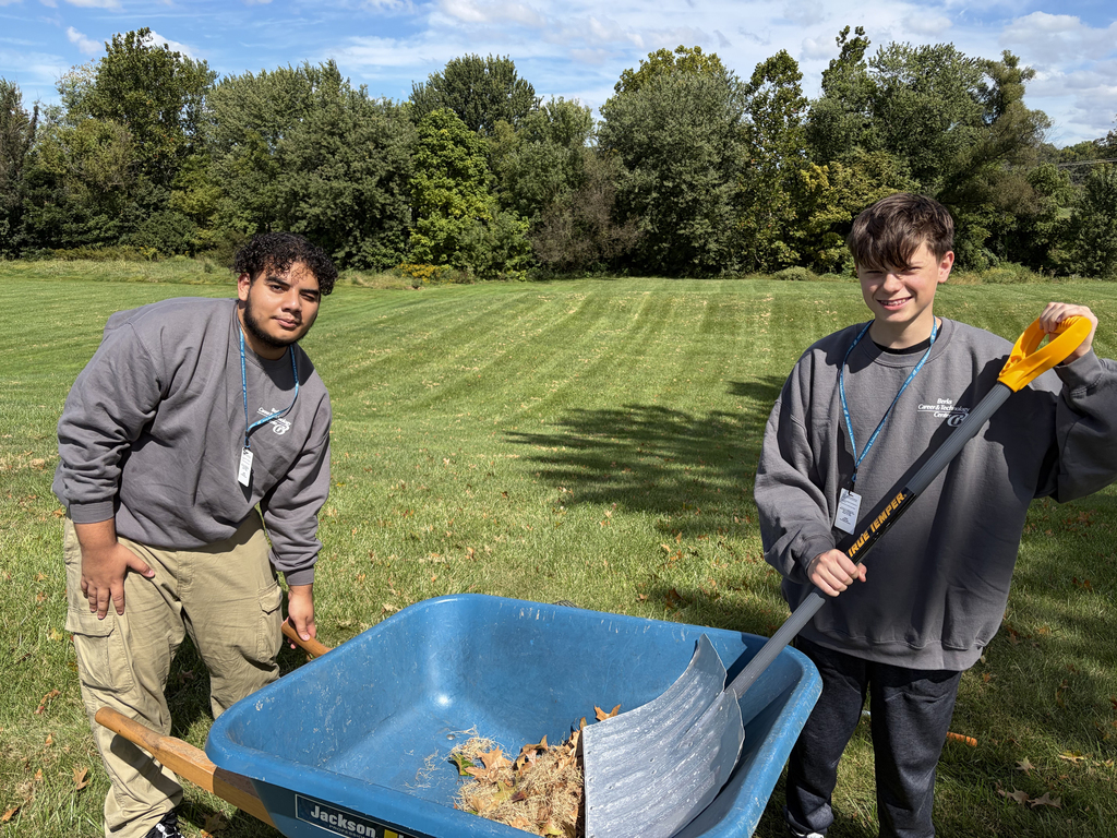 Two young men in grey sweatshirts and pants, standing next to a blue wheelbarrow filled with leaves.