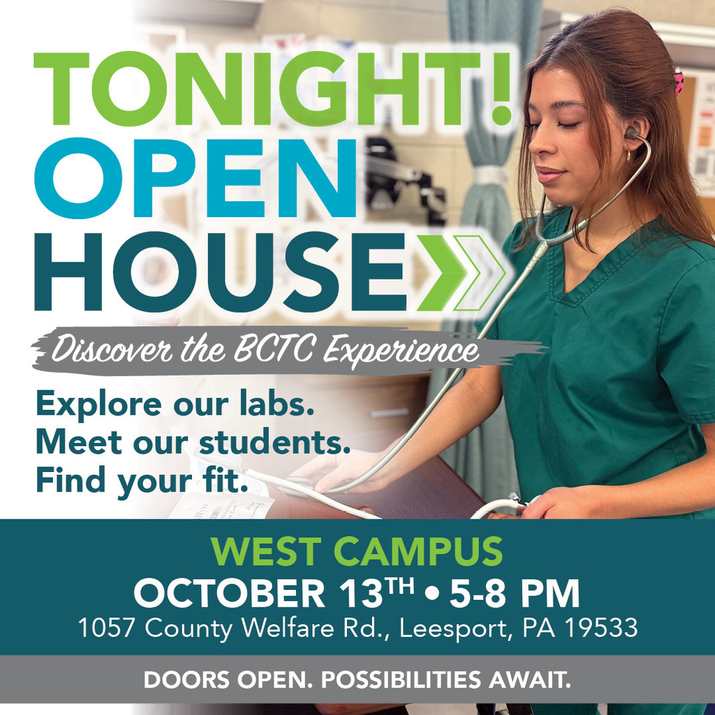 A flyer for an open house with a woman wearing a green uniform and a stethoscope.
