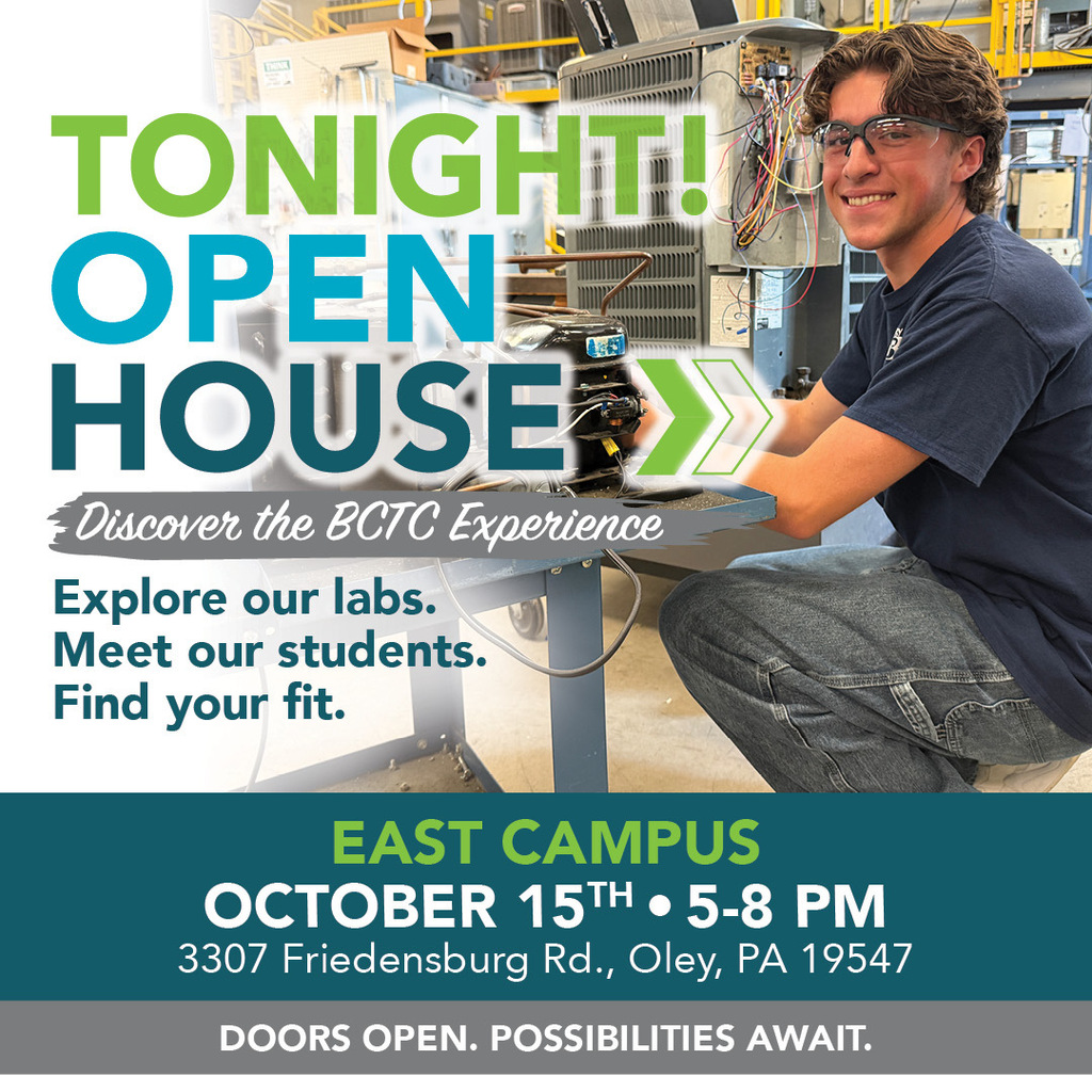 An open house event poster. A man in a blue shirt and glasses works in a lab.