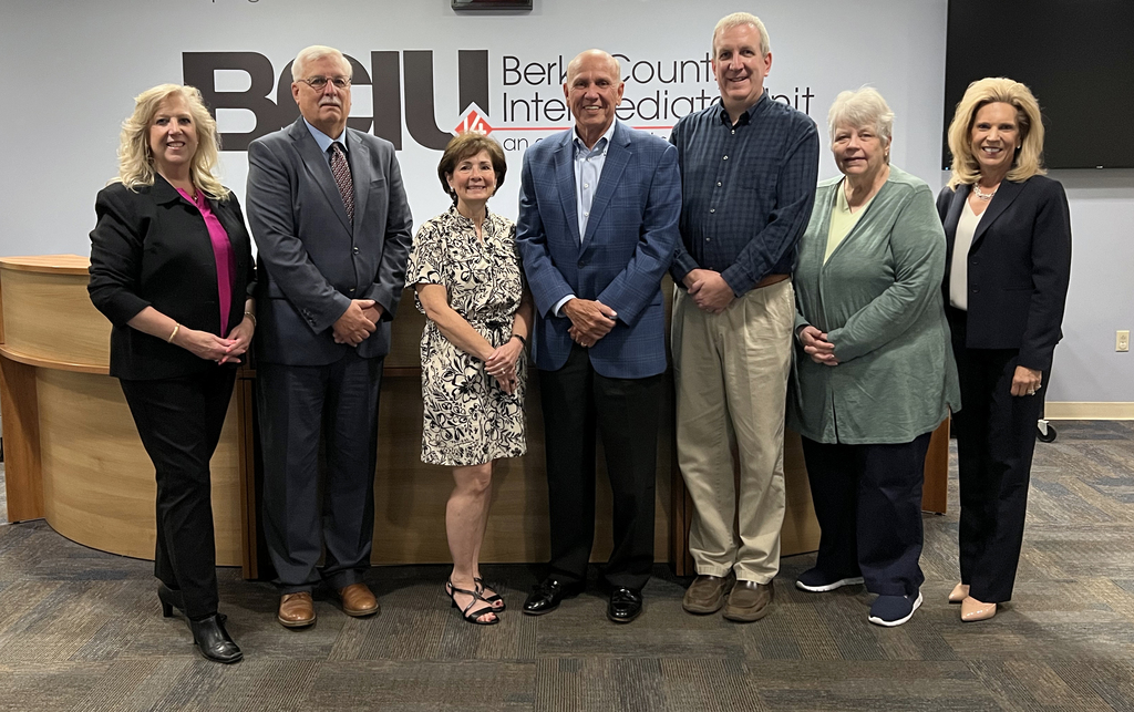 Photo, L to R: Elizabeth Huhn, Vice President, BCIU Board of Directors; Gary McEwen, President, BCIU Board of Directors; JoAnn Gruber; Scott L. Gruber, BCIU Outstanding Community Partner; David Hershey, Secretary, BCIU Board of Directors; Linda Lash, Treasurer, BCIU Board of Directors; Dr. Jill Hackman, BCIU Executive Director