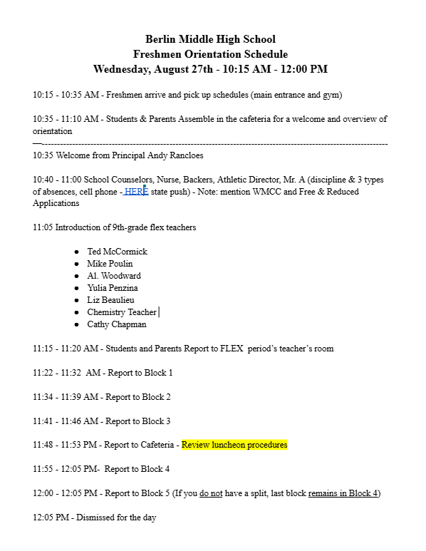 Freshmen Orientation Schedule