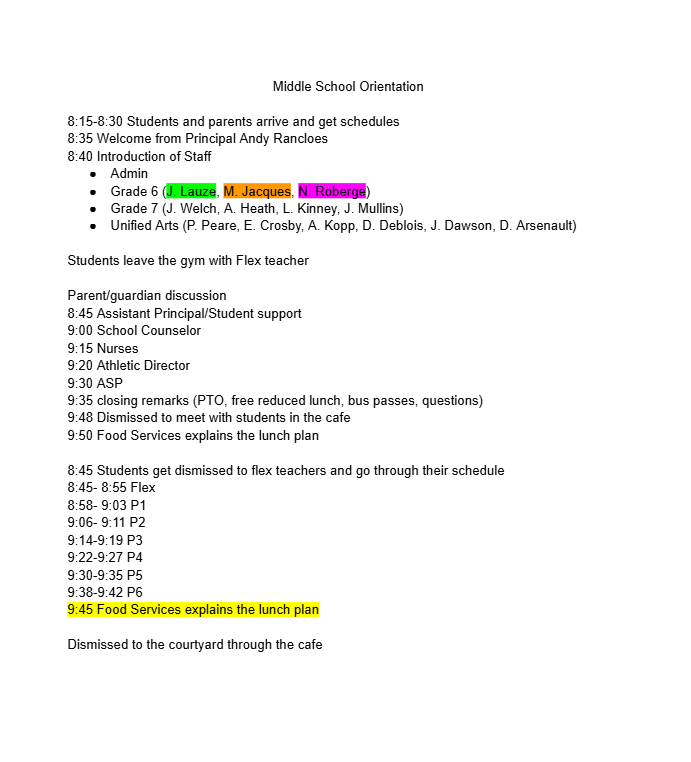 6th-Grade & 7th-Grade Milan student Orientation Schedule