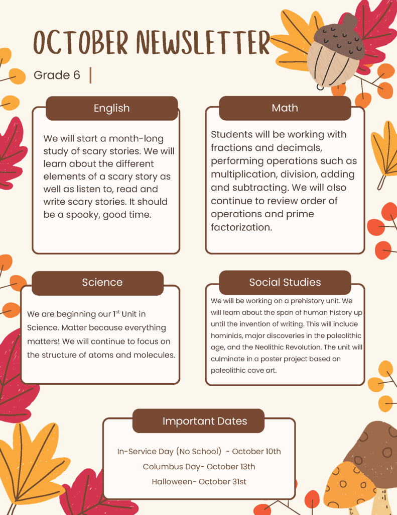 6th-Grade Newsletter Oct. page 1