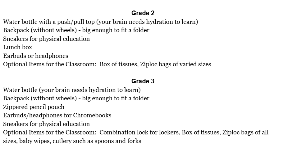 List of School Supplies for 2026-2027- Call if detail needed 