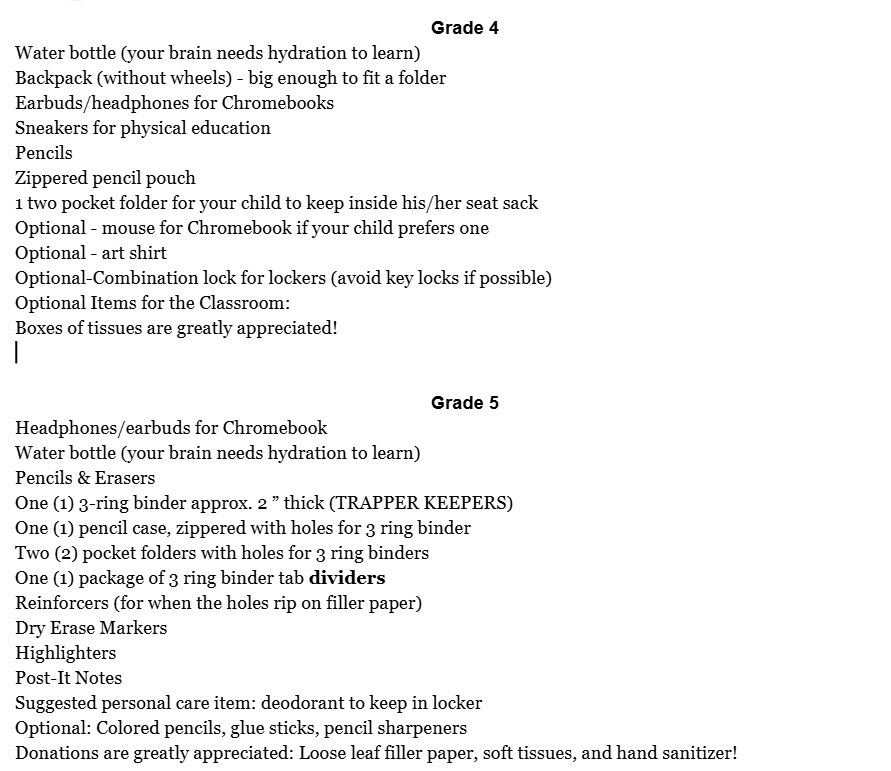 List of School Supplies for 2026-2027- Call if detail needed 