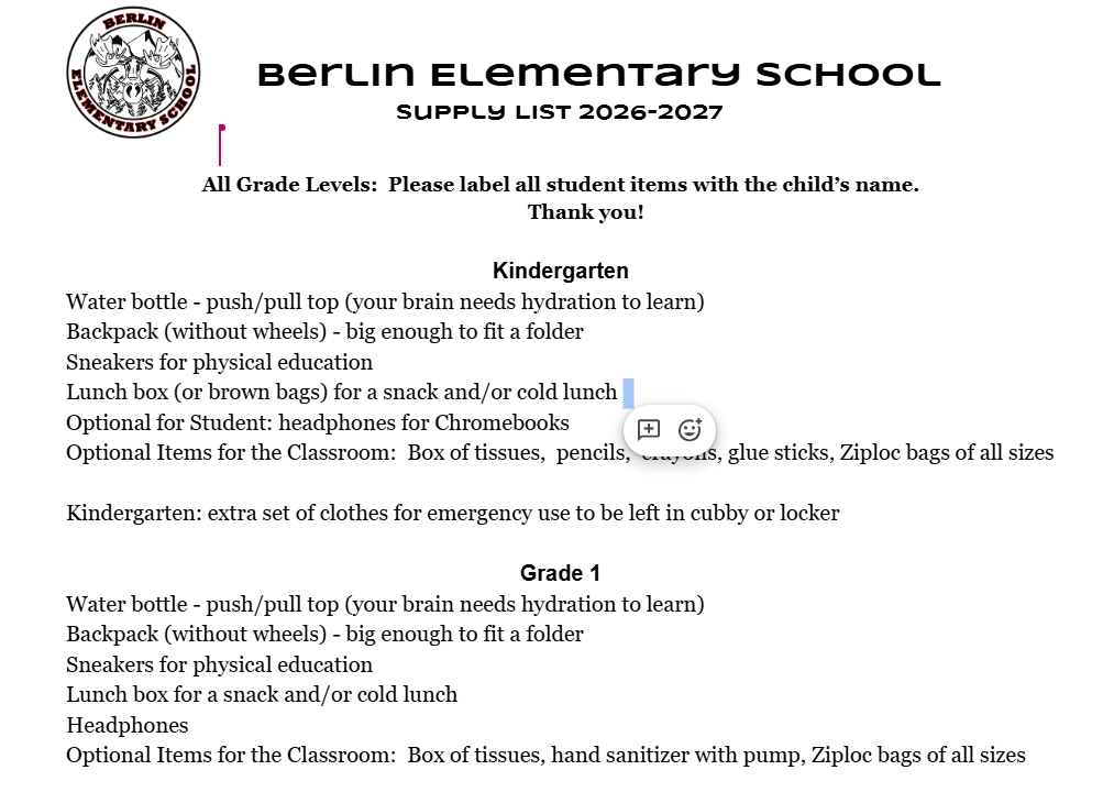 List of School Supplies for 2026-2027- Call if detail needed 