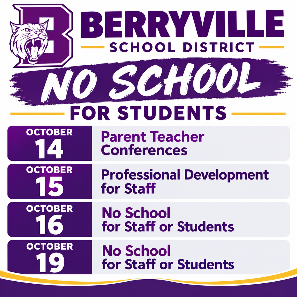 📚 Bobcat Families, please take a moment to note these important dates!  There are a few days in October when students will not be in school. Planning ahead helps families make arrangements and ensures everyone is prepared for the changes to our regular school schedule. Please save these dates, October 14-19, and refer to the graphic for details. 💜💛