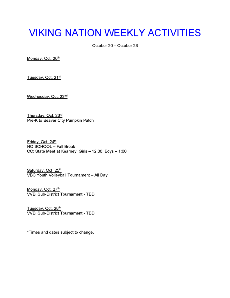 weekly activities