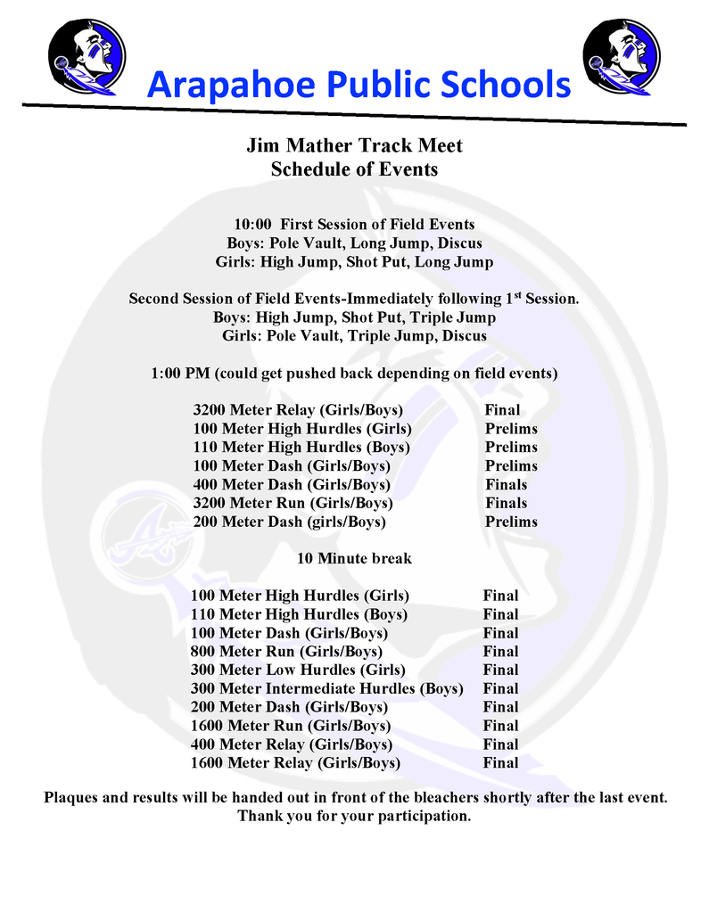 Arapahoe Schedule of Events