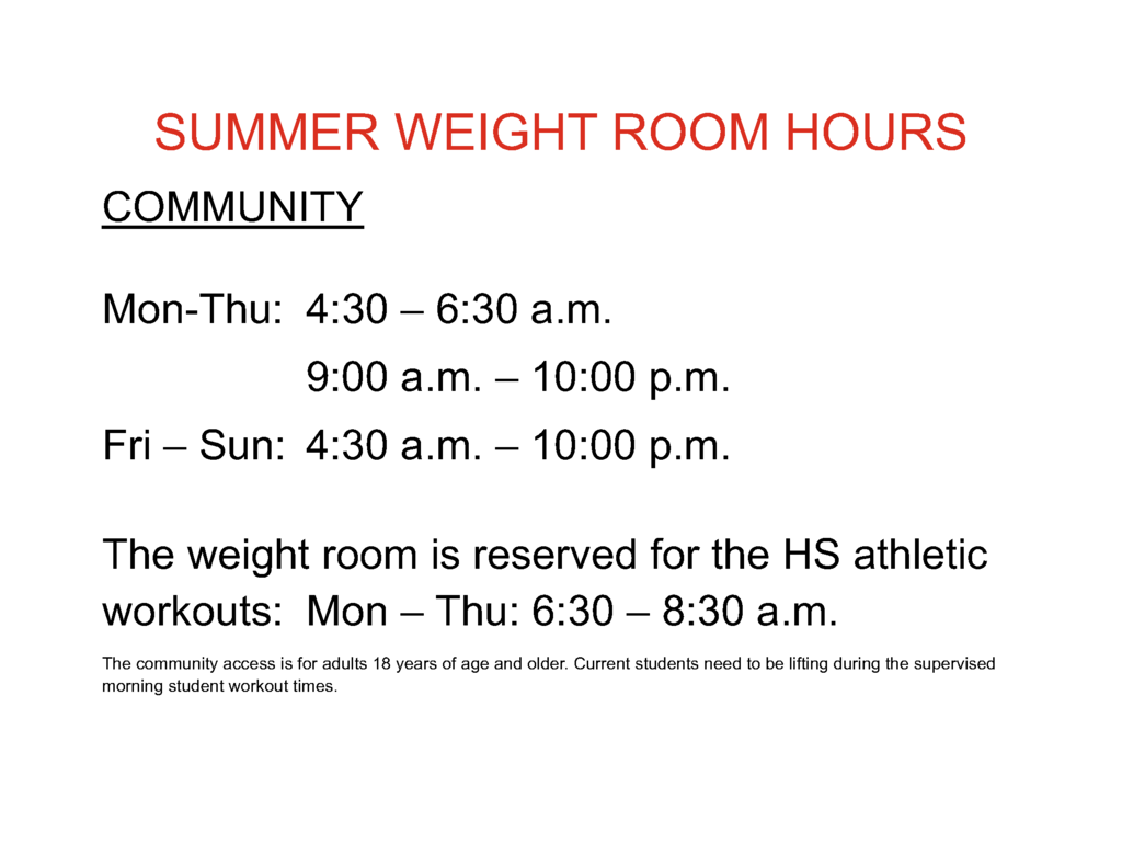 Weight Room Summer Hours
