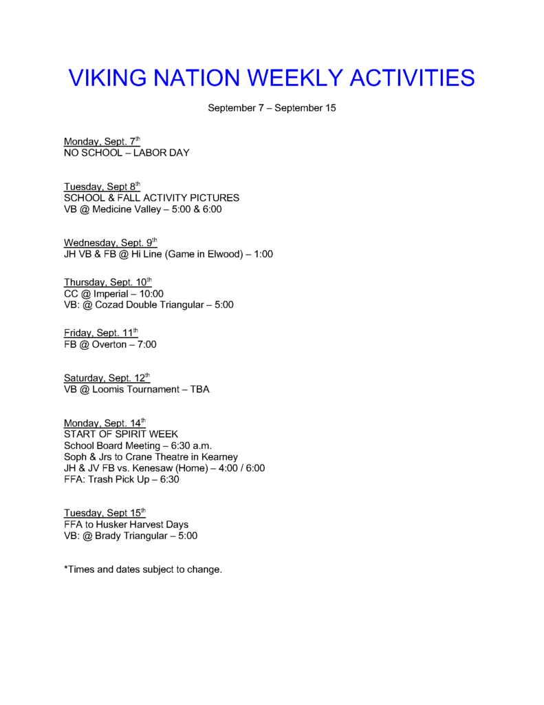 weekly activities