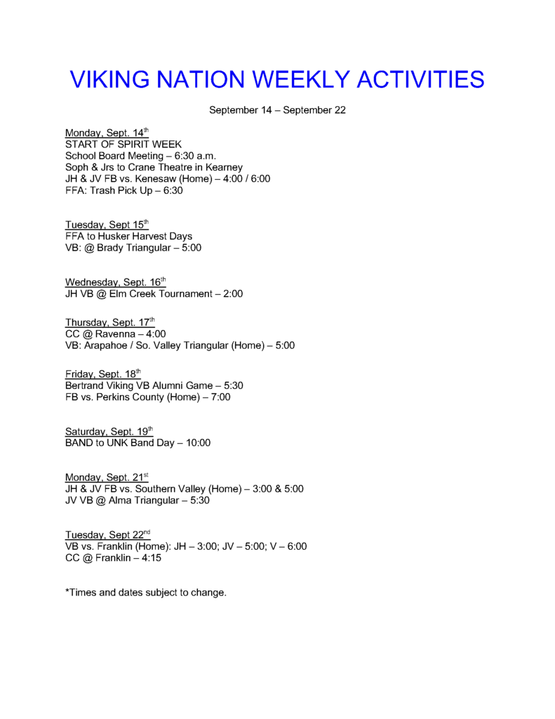 weekly activities