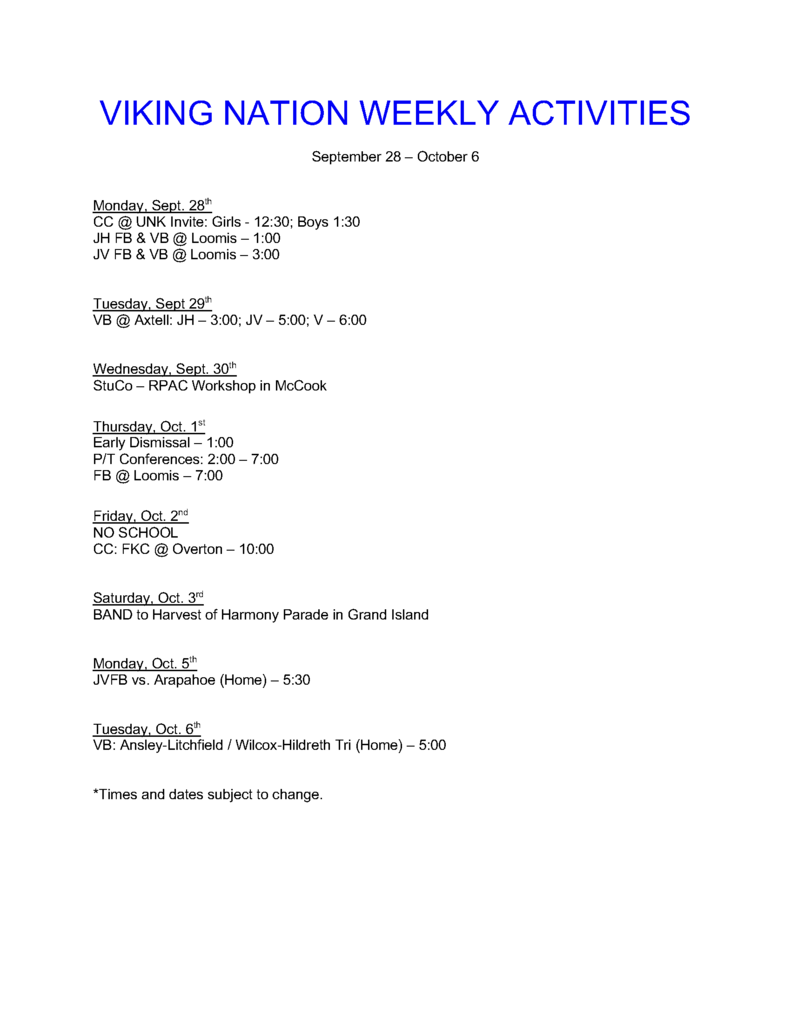 weekly activities