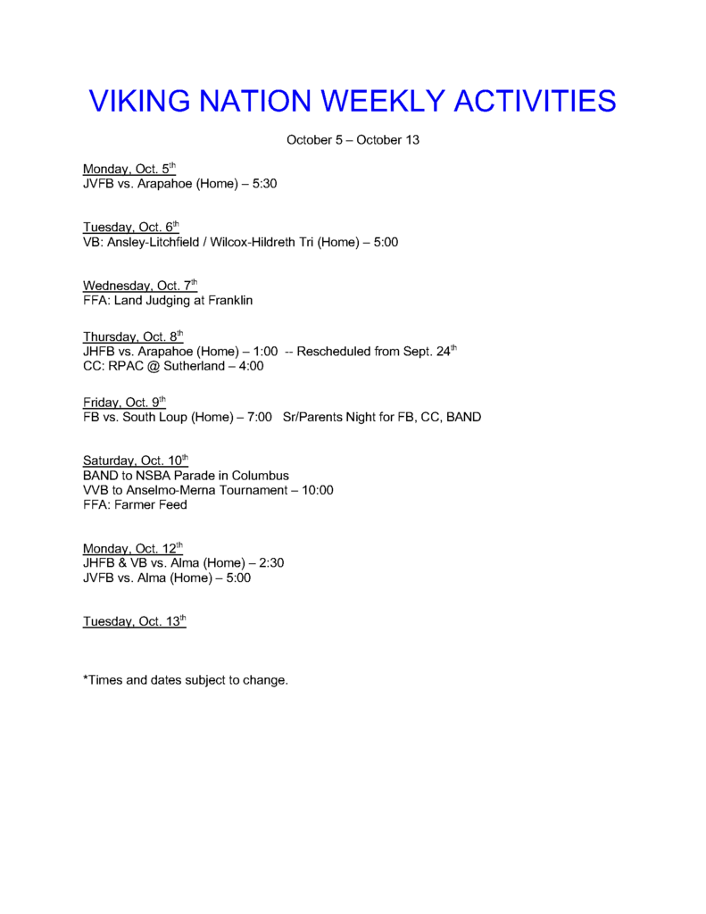 weekly activities