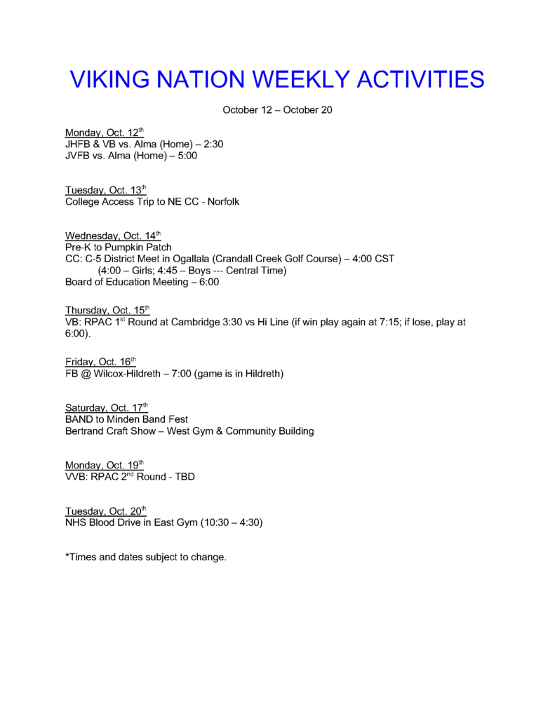 weekly activities