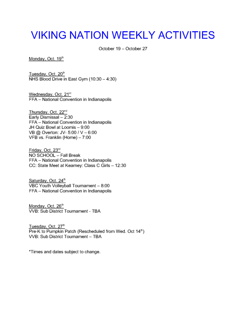 weekly activities