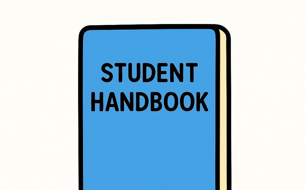 Simple flat-style clipart of an open book with a red bookmark, topped by a graduation cap. The design is minimal and colorful, representing a student handbook link.