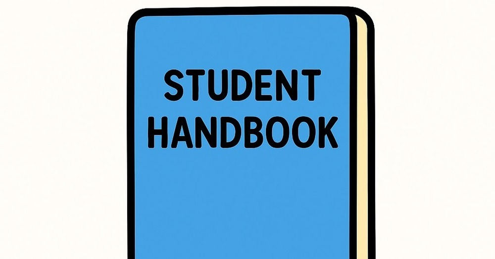 Simple flat-style clipart of an open book with a red bookmark, topped by a graduation cap. The design is minimal and colorful, representing a student handbook link.