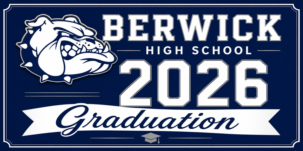 Berwick High School 2026 graduation graphic with bulldog mascot.