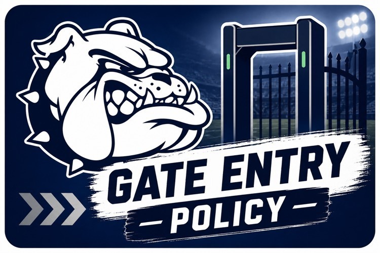 Berwick Bulldogs graphic featuring the bulldog logo, a stadium entrance with a security screening gate, and the words “Gate Entry Policy.”