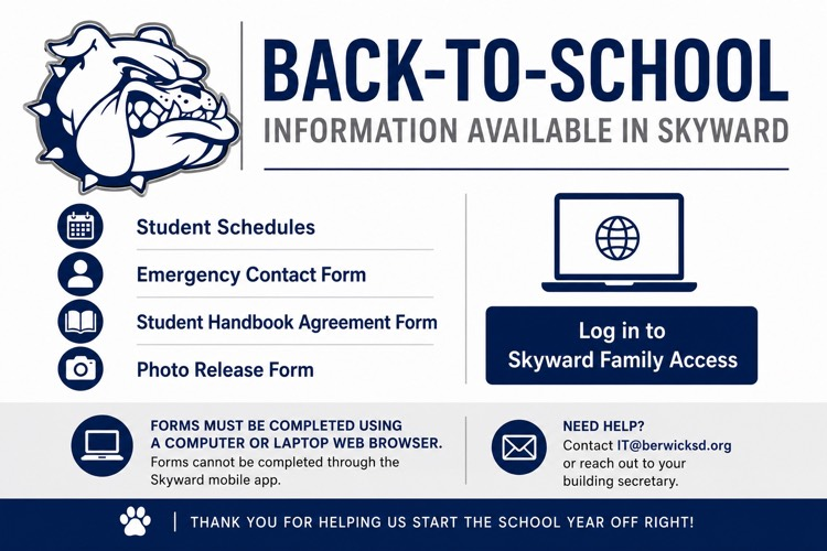 Back-to-school announcement directing families to Skyward Family Access to view student schedules and complete required forms using a computer or laptop web browser.