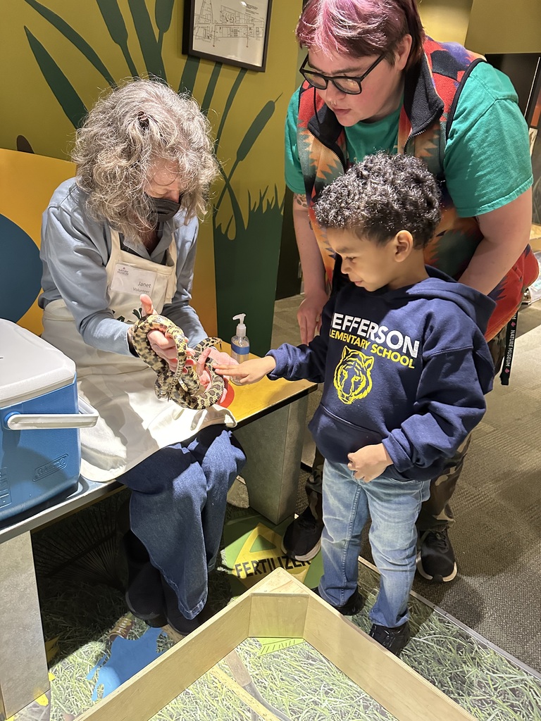 Student touchin snake at the zoo 