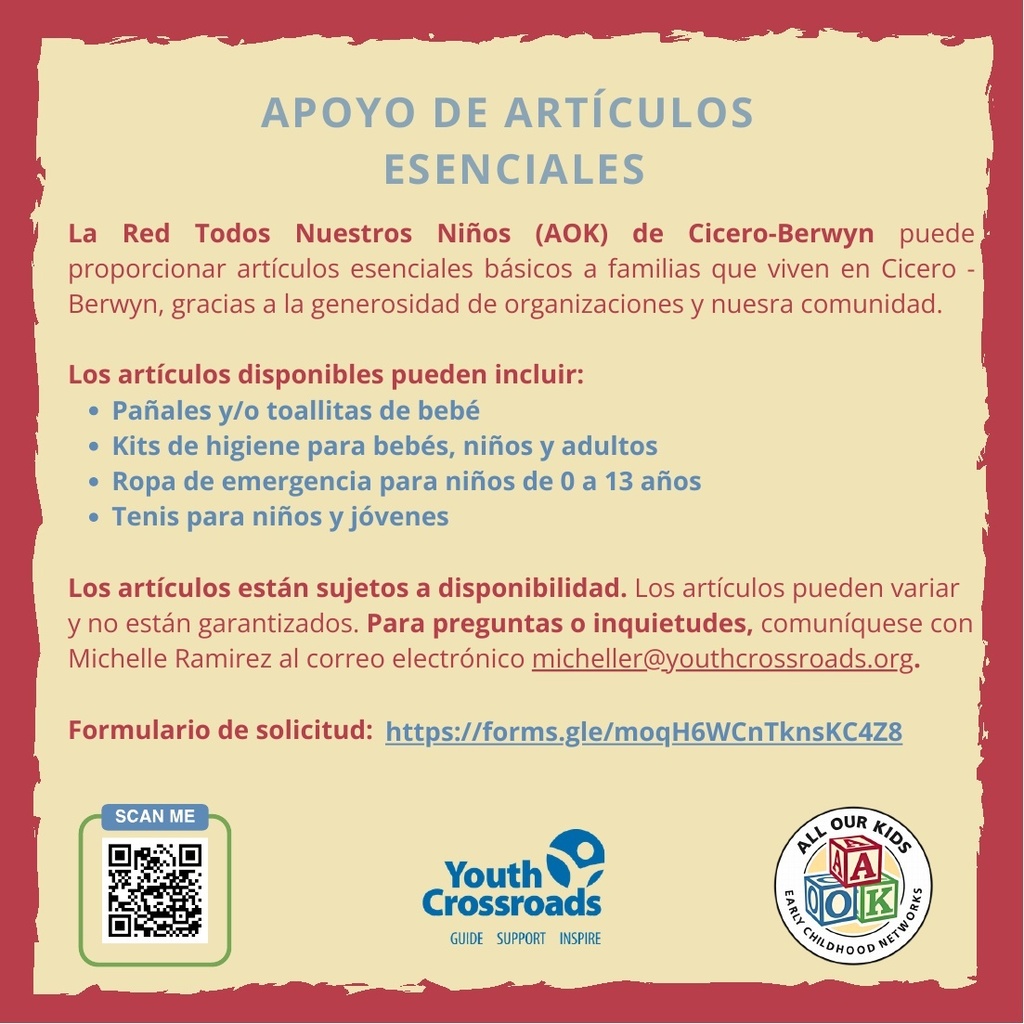 Same flier but in Spanish.  Basic essential for families from the All Our Kids Network
