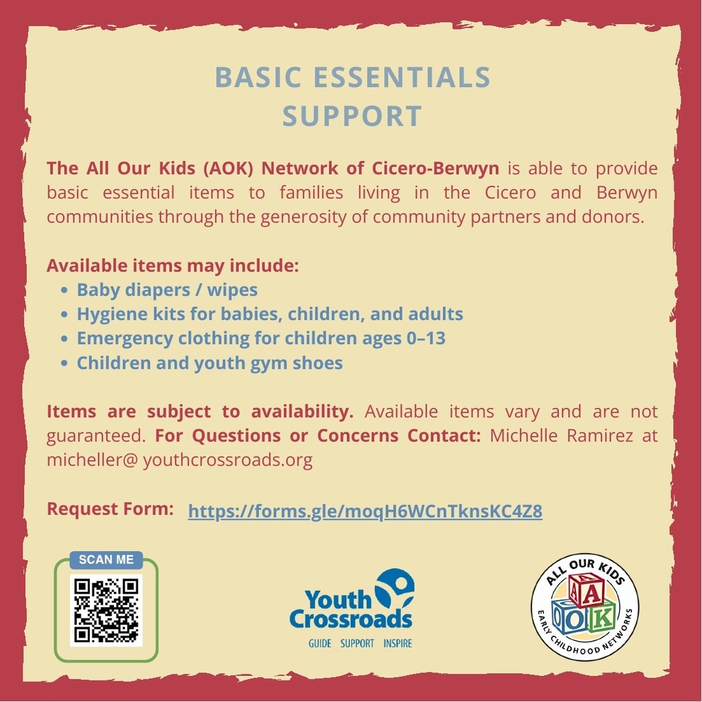 All Our Kids Network of Cicero-Berwyn flier on basic essentials support for families