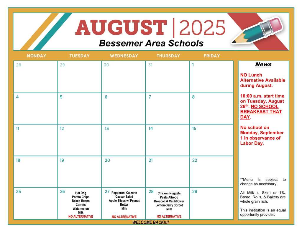 District Wide- August Lunch Menu