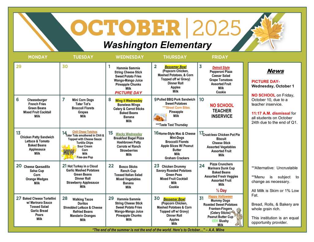 October Lunch Menu for WES