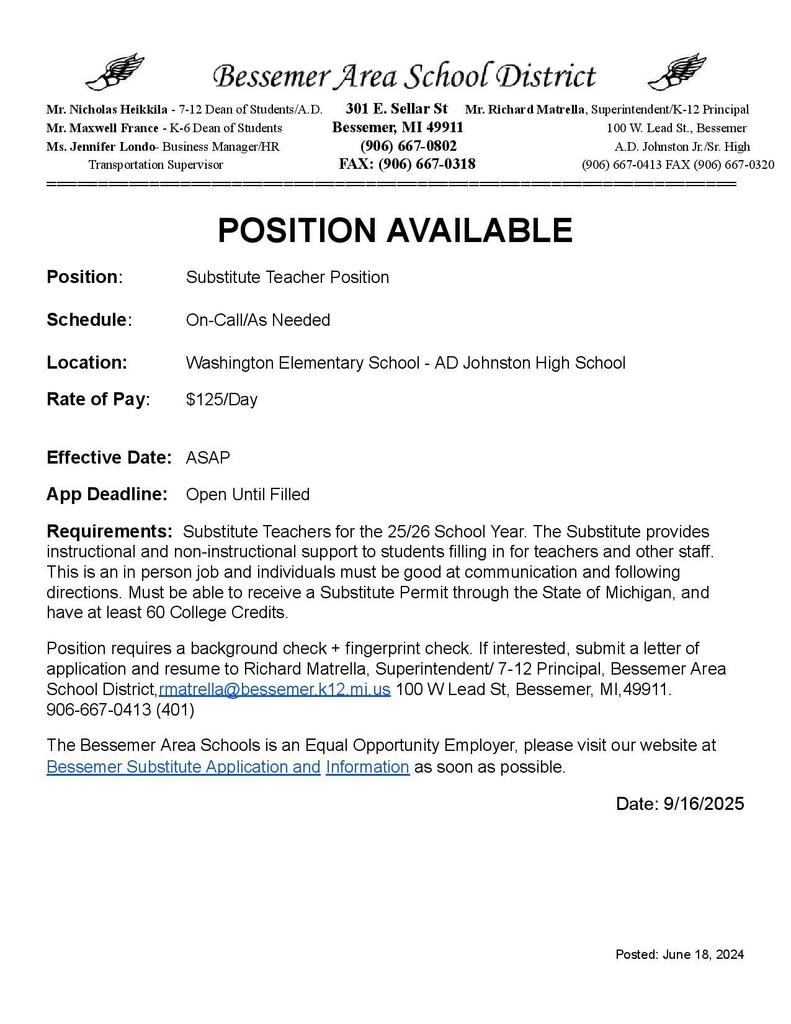 Sub Positions available!