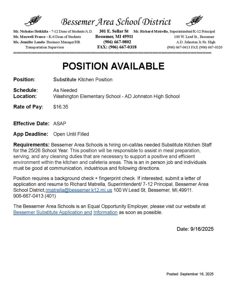 Sub Positions available!