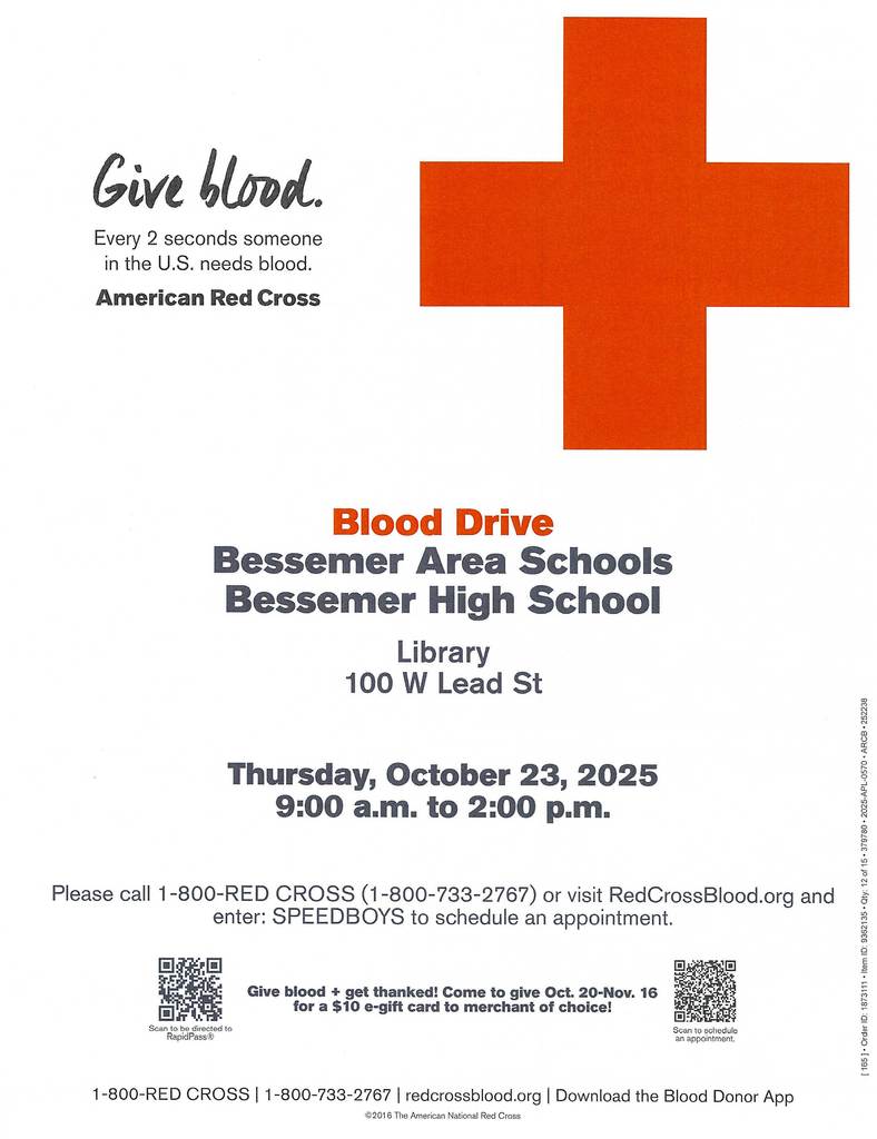 Bessemer Area Schools Blood Drive 10/23/25 from 9-2.