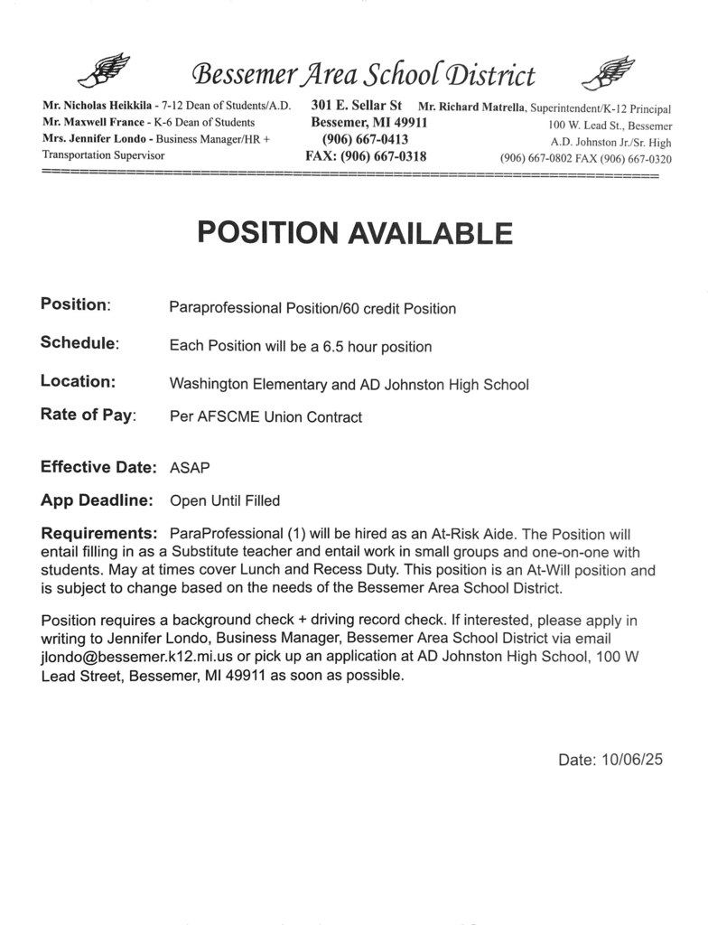 advertisement for paraprofessional opening