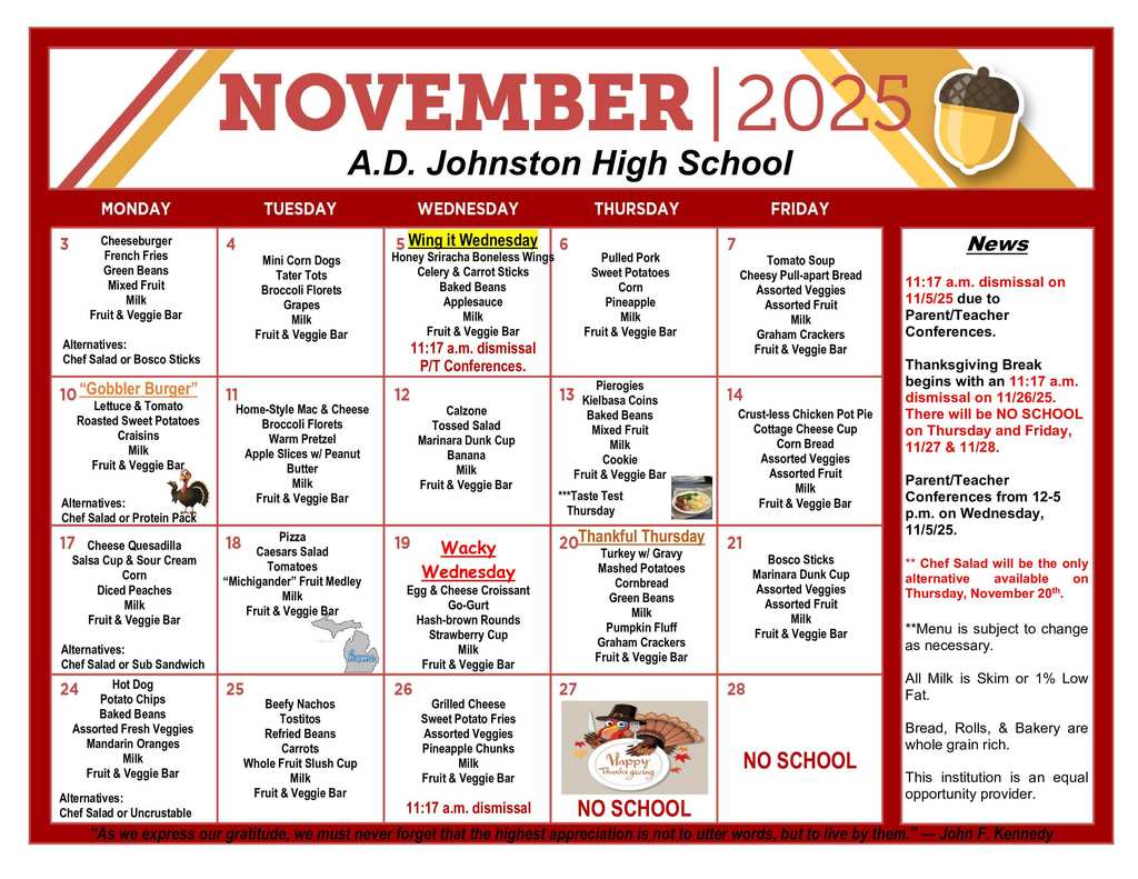 ADJ November Lunch Menu