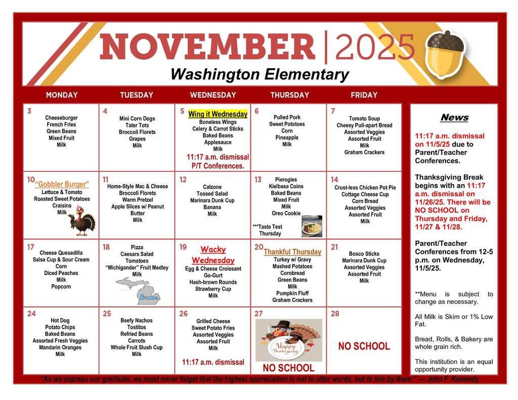 WES November Lunch Menu