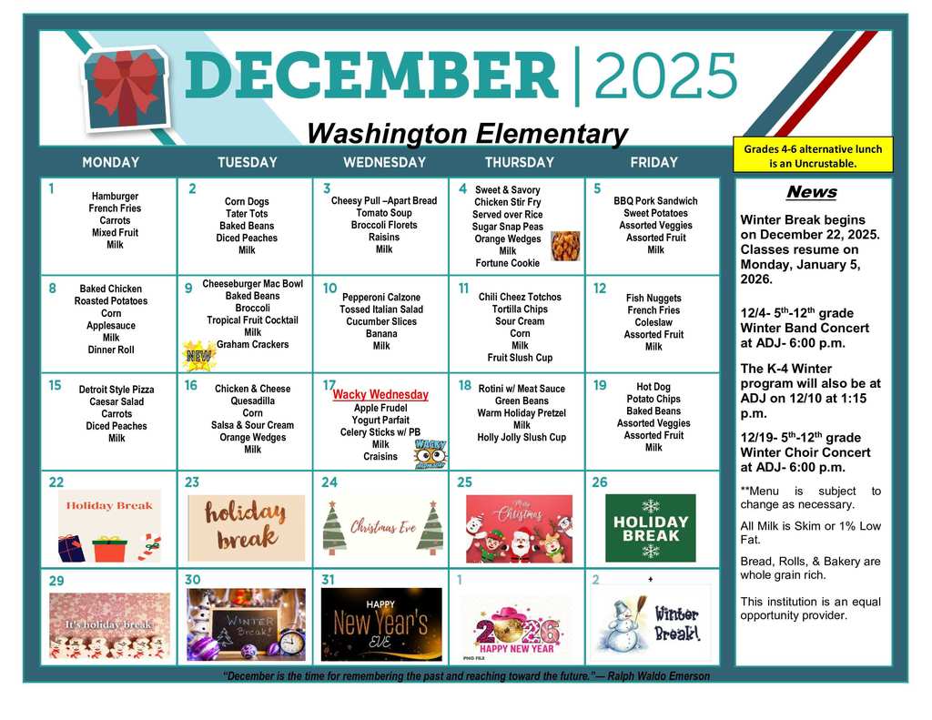 WES December Lunch Menu