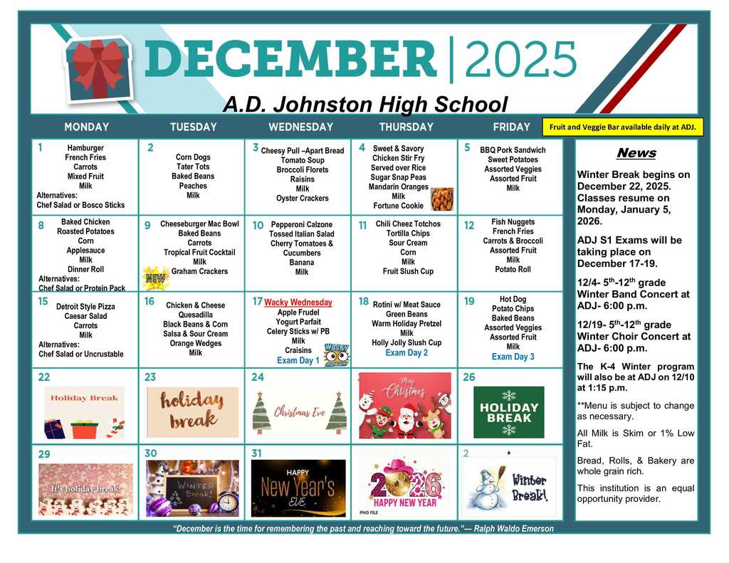 ADJ December Lunch Menu