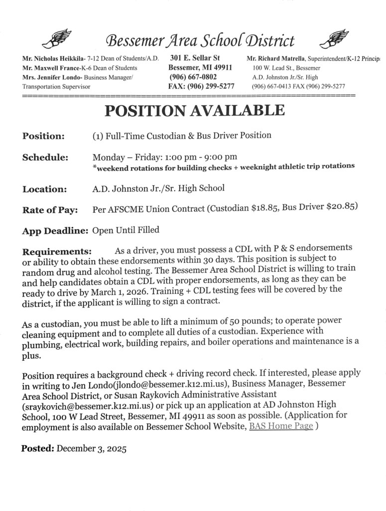 job posting for school bus driver and custodian