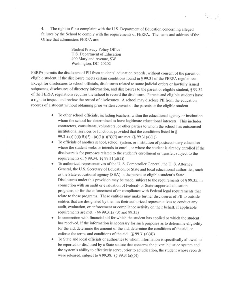 information regarding FERPA rights
