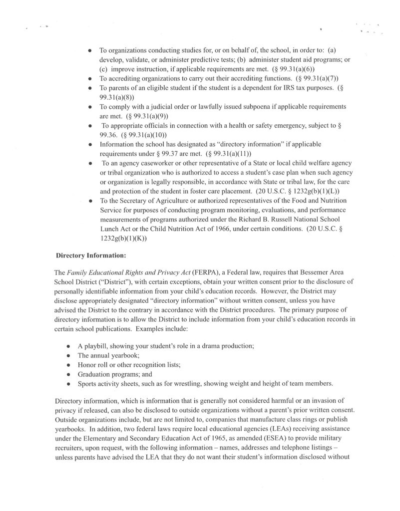 information regarding FERPA rights