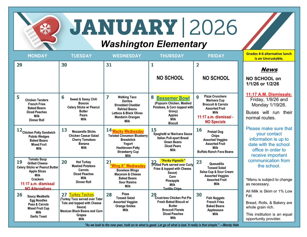 Washington Elementary January Lunch Menu