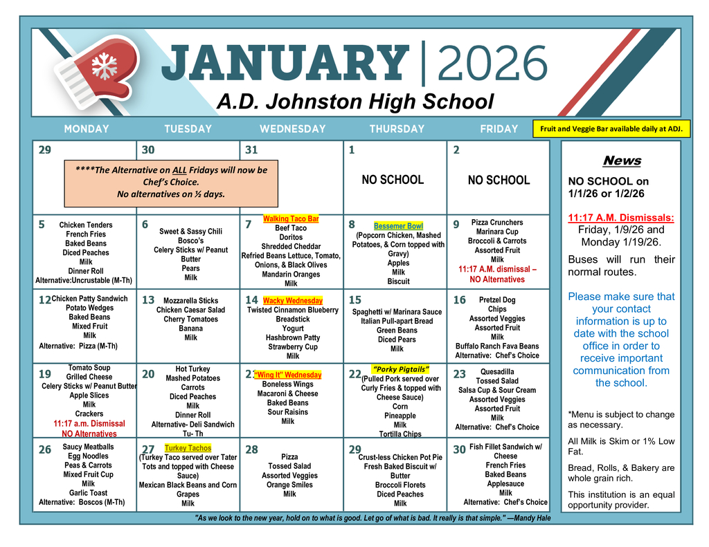 ADJ January Lunch Menu