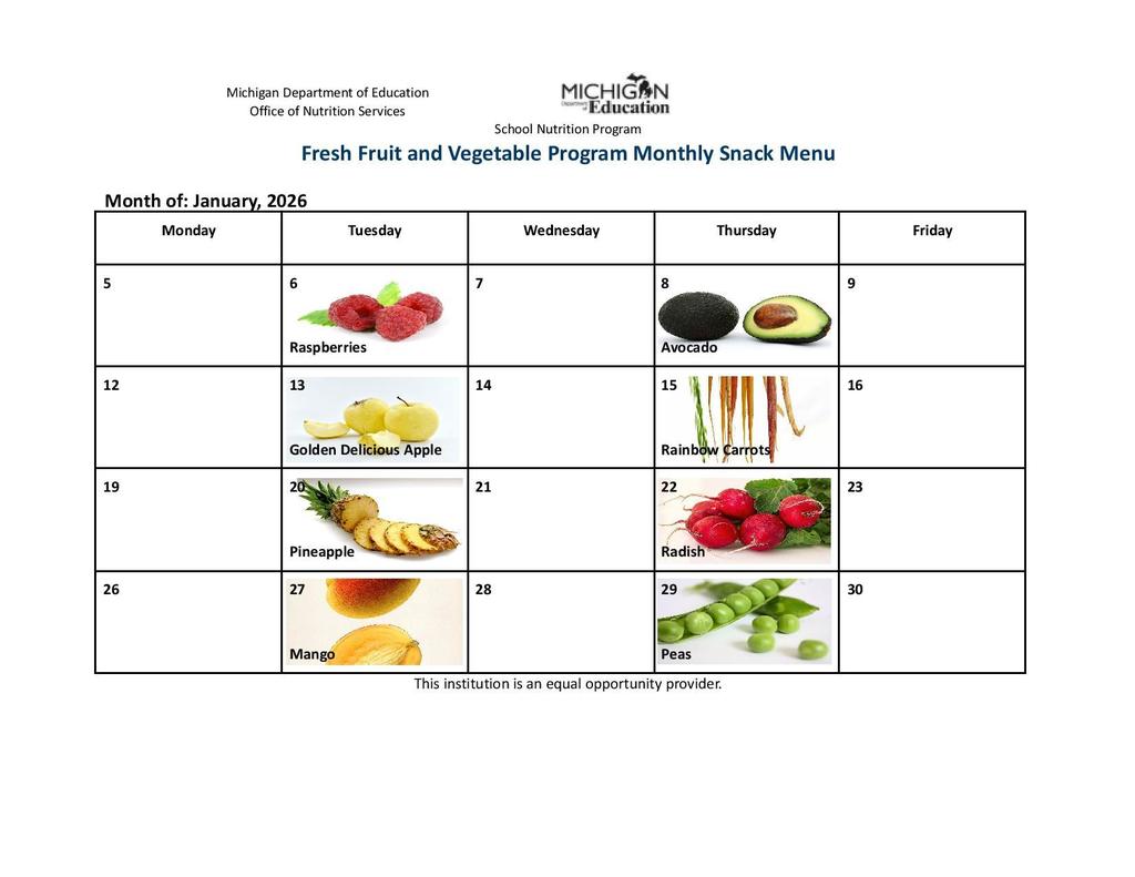 Fresh Fruit and Veggie menu