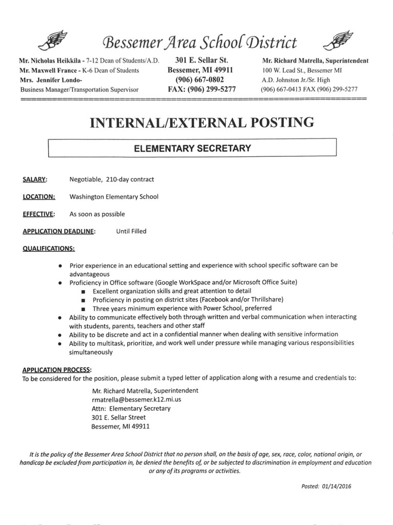 job posting for school secretary