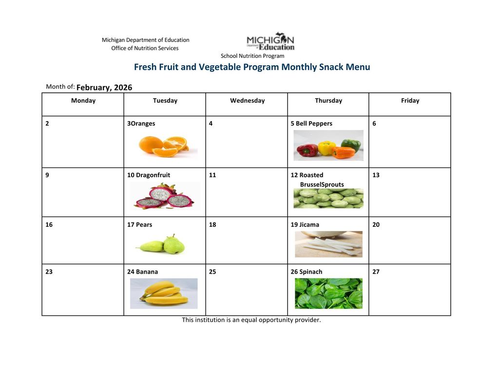 February menu listing snack items twice per week