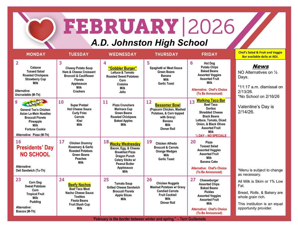 ADJ February Menu